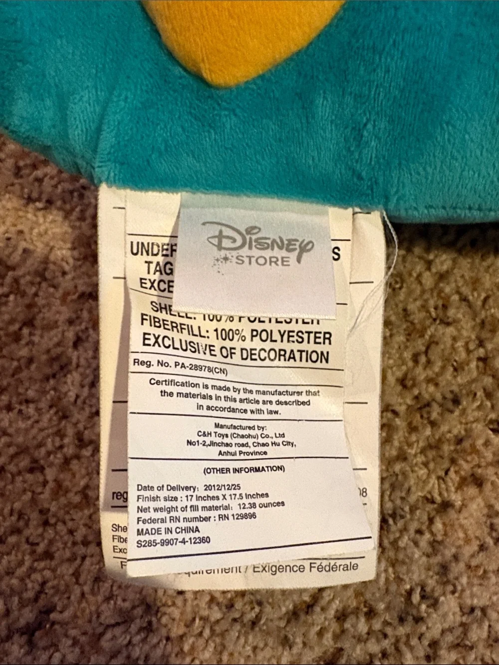 Disney Perry the Platypus Squared Plush Pillow - Teal, Yellow & Brown